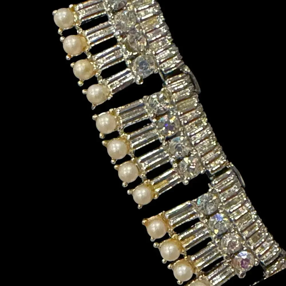Vintage 1950s Coro AB Rhinestone Baguette Faux Pearl Fringe Choker Necklace 16”